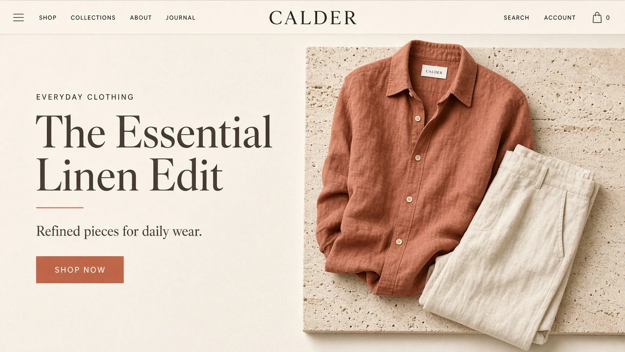 The home page of Calder, a everyday clothing store made with Photon Stores