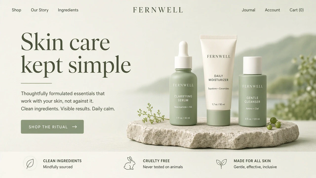The home page of Fernwell, a skincare store made with Photon Stores