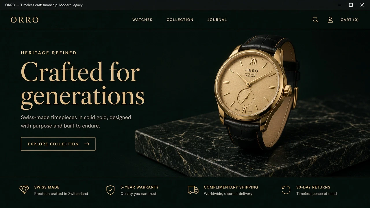 The home page of Orro, a watches store made with Photon Stores