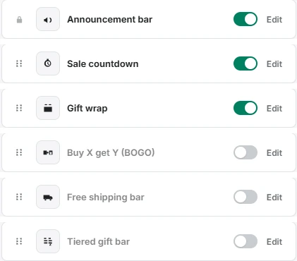 Photon Cart builder with announcement bar, countdown and gift wrap switched on