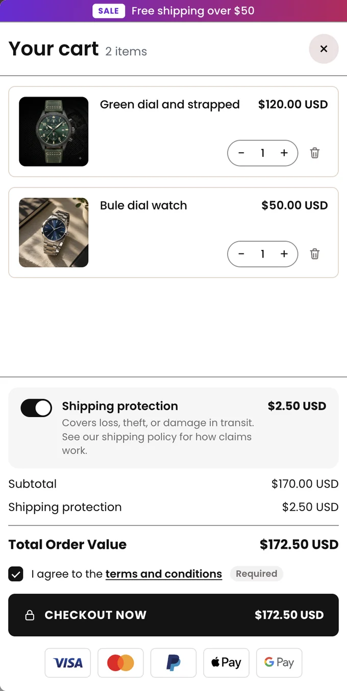 Photon Cart drawer with shipping protection switched on and added to the order total